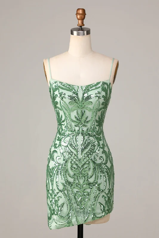 Pencil Dresses for Slimming -Sparkly Green Bodycon Spaghetti Straps Short Homecoming Dress with Sequins