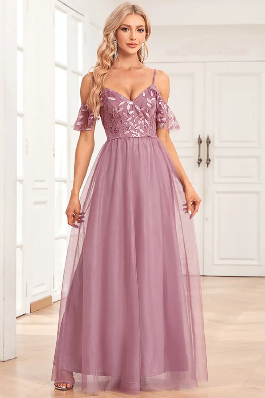 Blue Dresses for Classic -A-Line Cold Shoulder Dusty Rose Formal Dress