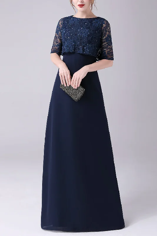 Satin Dresses for Shiny Look -Navy Short Sleeves A-line Chiffon Floor Length Mother of the Bride Dress