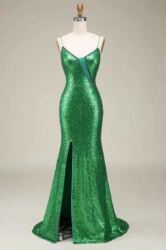 Khaki Dresses for Casual -Sparkly Mermaid Spaghetti Straps Green Sequins Long Prom Dress with Split Front