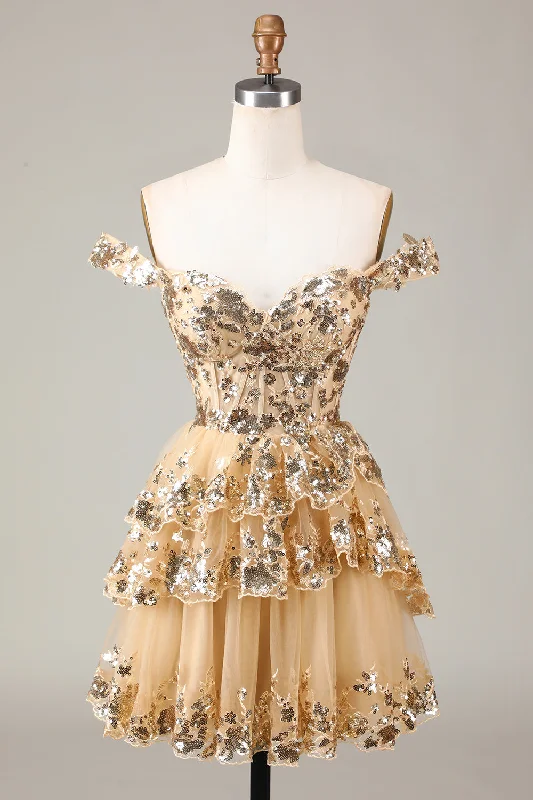 Punk Dresses with Spikes -Sparkly Golden Corset Tiered Lace A-Line Short Homecoming Dress