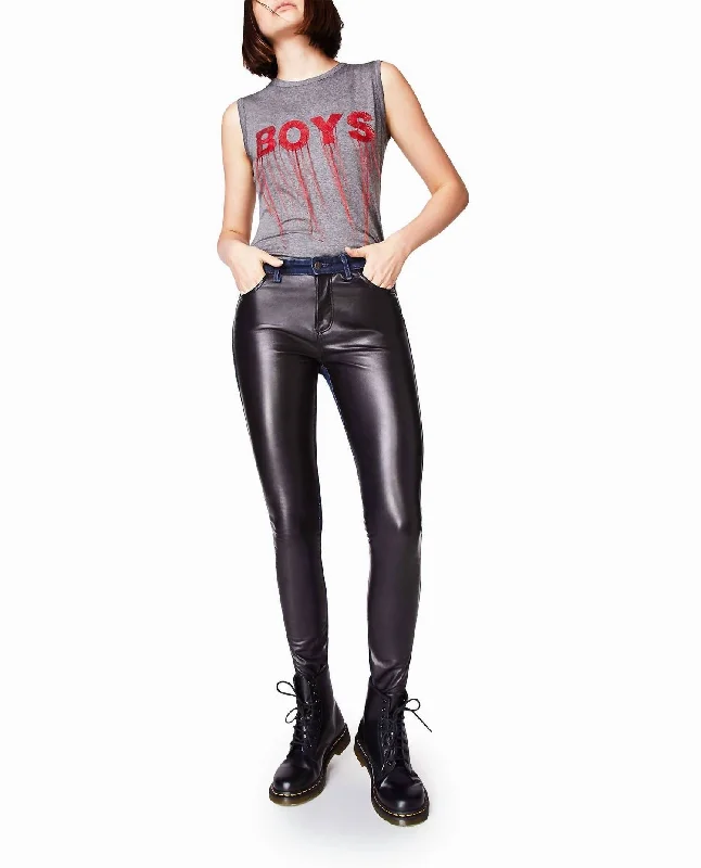 Stretch-fit tight trousers for women with all-over fit and body-hugging silhouette -Leather And Denim Jean In Black Leather Denim