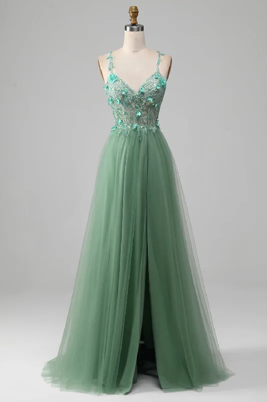 One-shoulder Dresses for Trendy -Sparkly Green A-Line Spaghetti Straps Corset Prom Dress With Appliques