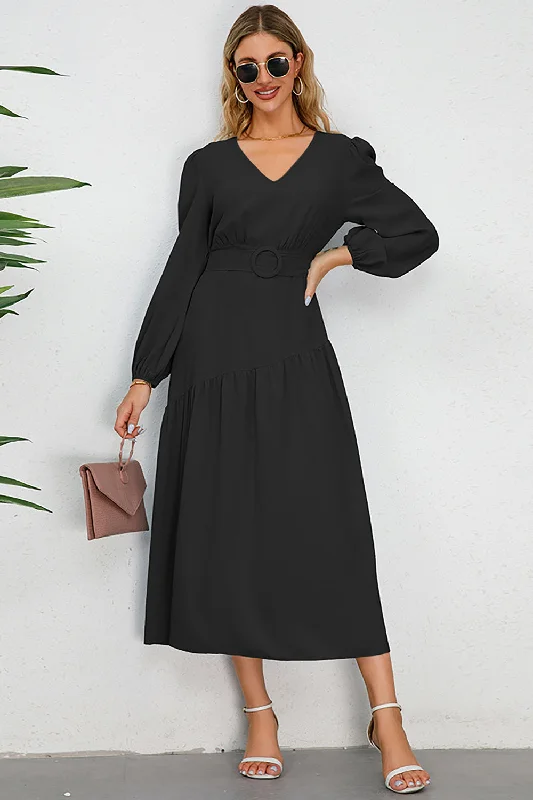 Elastic Dresses for Fit -A-Line Long Sleeves Black Casual Dress