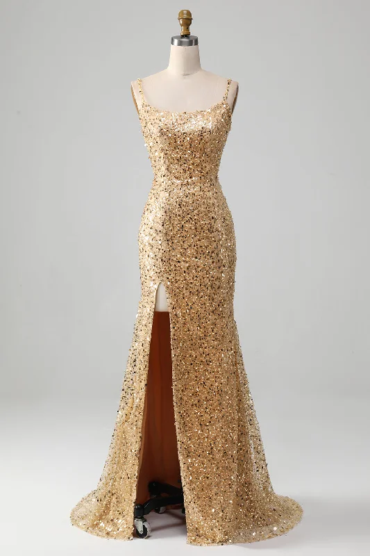 Mini Dresses for Youthful Look -Golden Mermaid Spaghetti Straps Sequined Prom Dress With Slit