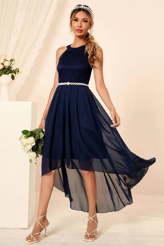 Indian Dresses with Intricacy -Navy Halter Neck Sleeveless A-line Chiffon Bridesmaid Dress