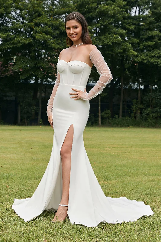 Evening Dresses for Formal Events -Simple Ivory Detachable Illusion Long Sleeves Mermaid Wedding Dress with Slit