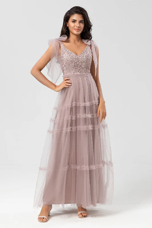 Formal Dresses for Occasions -Keeper of My Heart A-Line V Neck Dusty Pink Long Bridesmaid Dress with Beading