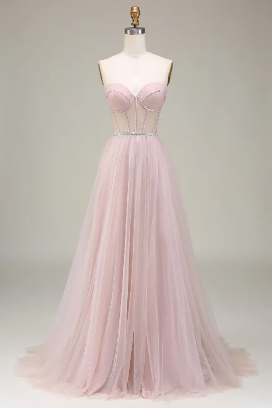 Green Dresses for Nature -Tulle Sweetheart Light Pink Prom Dress with Corset