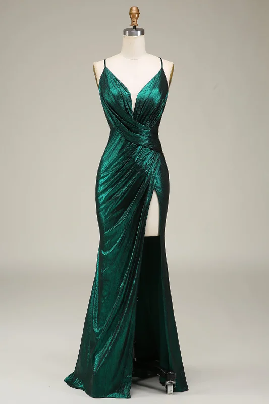 Fringed Dresses for Edgy -Hot Mermaid Spaghetti Straps Dark Green Long Prom Dress with Open Back