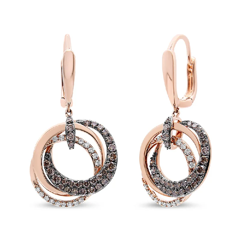 Hoop earrings with enamel stripes for a colorful and eye-catching design-14K Rose Gold 1.00 Cttw White and Brown Diamond Intertwining Hoops and Circle Dangle Earrings