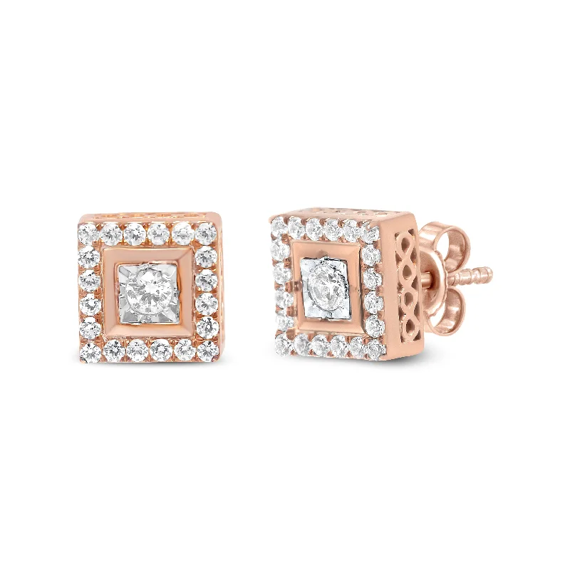 Hoop earrings with a matte finish for a sleek and sophisticated appearance-14K Rose Gold Plated .925 Sterling Silver 1/2 Cttw Diamond Halo Square-Shaped Frame Stud Earring