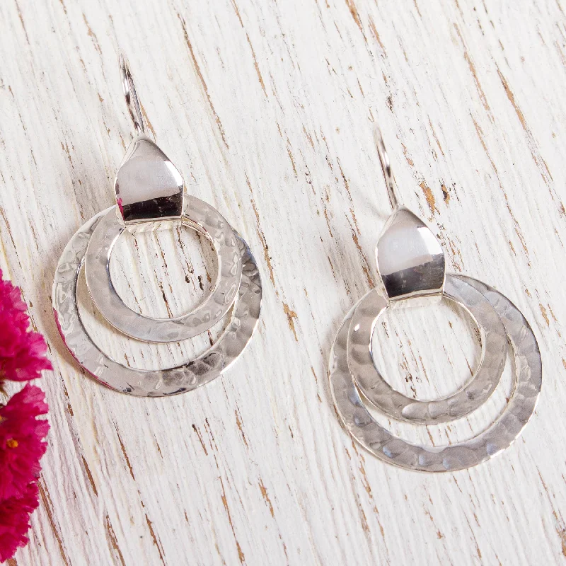 Hoop earrings with tortoiseshell designs for a chic and classic style-Abstract Rings Taxco Hammered Sterling Silver Dangle Earrings from Mexico