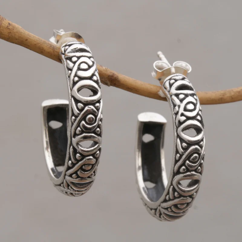 Hoop earrings with crescent moon shapes for a celestial and mystical appearance-Bali Weave Sterling Silver Half-Hoop Earrings from Bali