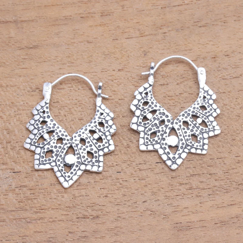 Hoop earrings with open designs for a modern, lighthearted vibe-Beautiful Pattern Patterned Sterling Silver Hoop Earrings from Bali