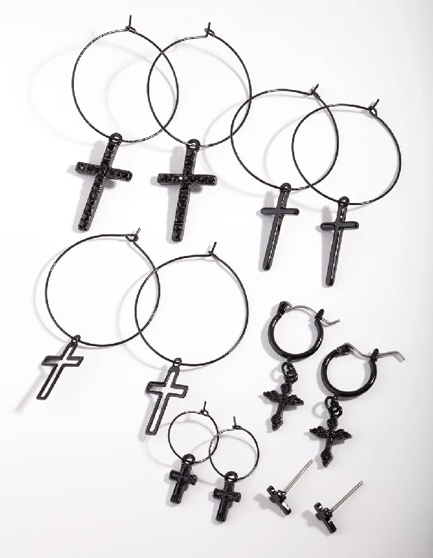 Hoop earrings with removable pendants for a versatile and customizable accessory-Black Cross Earring Pack