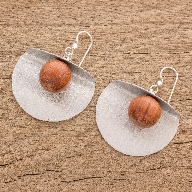 Best hoop earrings with textured silver for a rustic and organic finish-Caressing Moons Wood and Aluminum Modern Dangle Earrings from Guatemala