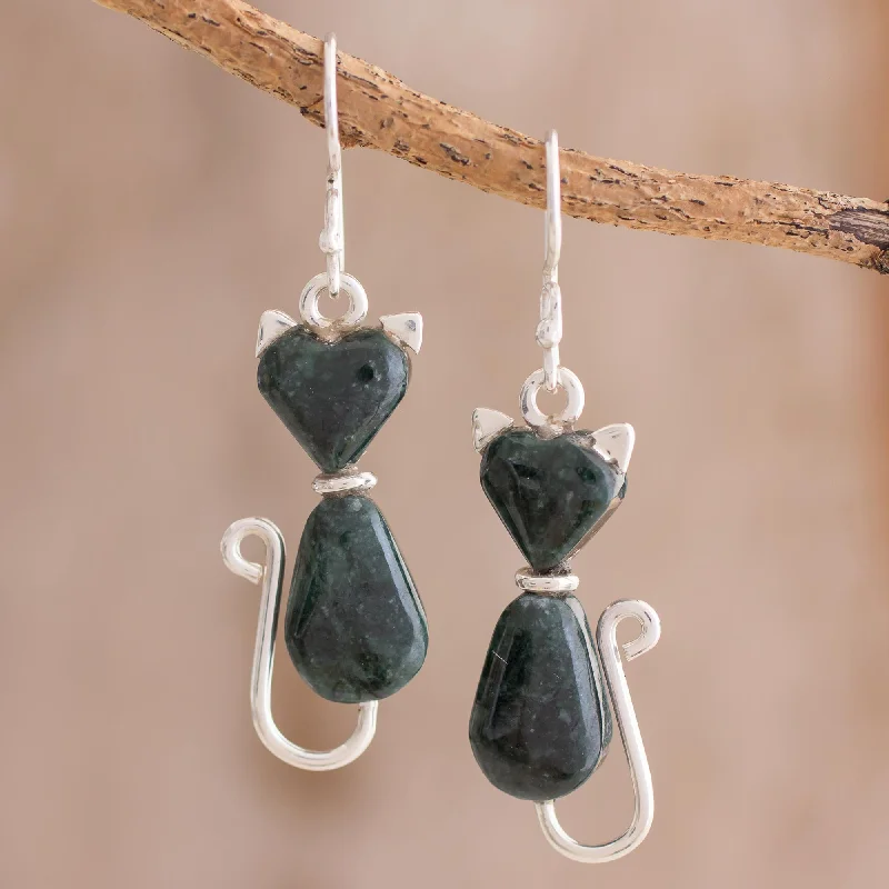 Large hoop earrings for a bold and statement-making fashion accessory-Cats of Love in Dark Green Jade Cat Dangle Earrings in Dark Green from Guatemala