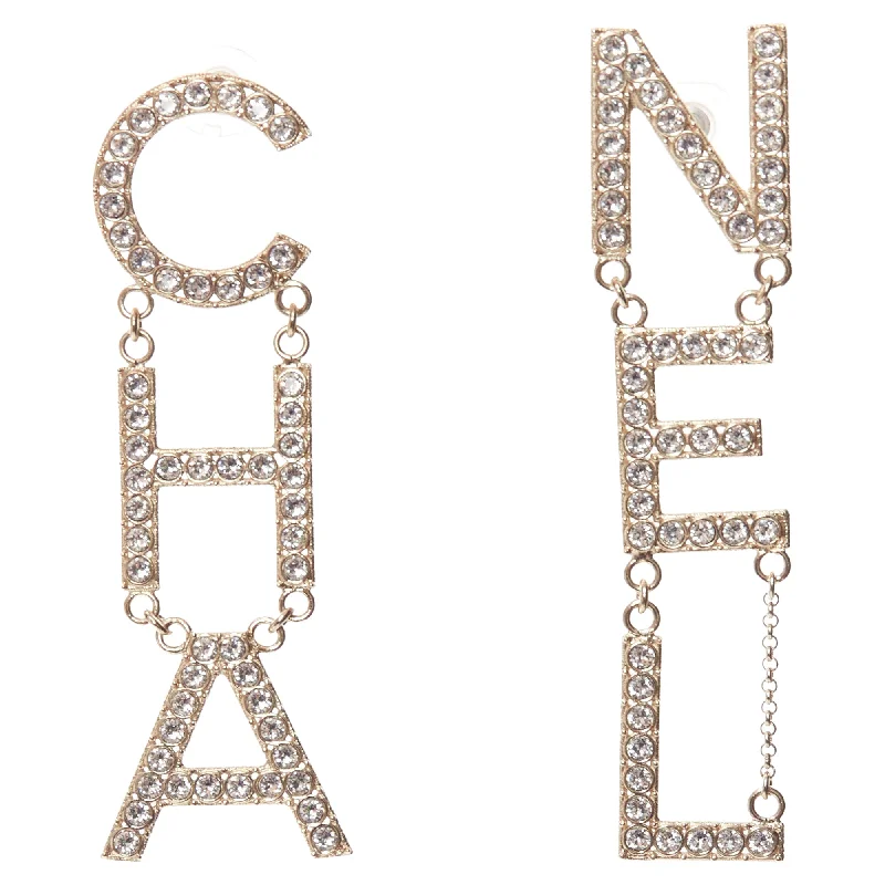 Best hoop earrings with textured silver for a rustic and organic finish-Chanel Crystal Cha-Nel Diamantes Mismatch Letter Drop Dangling Pin Earrings