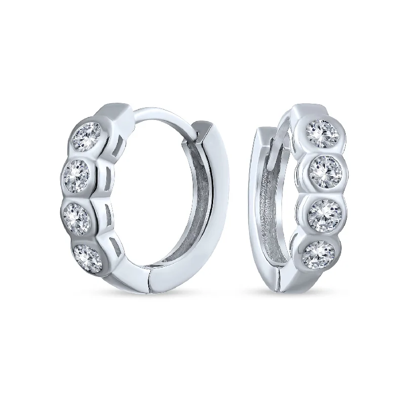 Best hoop earrings with snake-inspired designs for an edgy and fierce vibe-Classic Dainty Round CZ Hoop Earrings Bezel Set Solitaire Sterling Silver Huggies