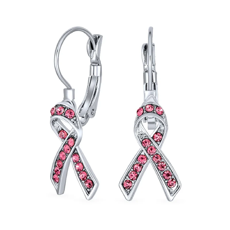 Hoop earrings with dangling charms for a playful and fun look-Crystal Pink Breast Cancer Awareness Support Earrings Silver Plated