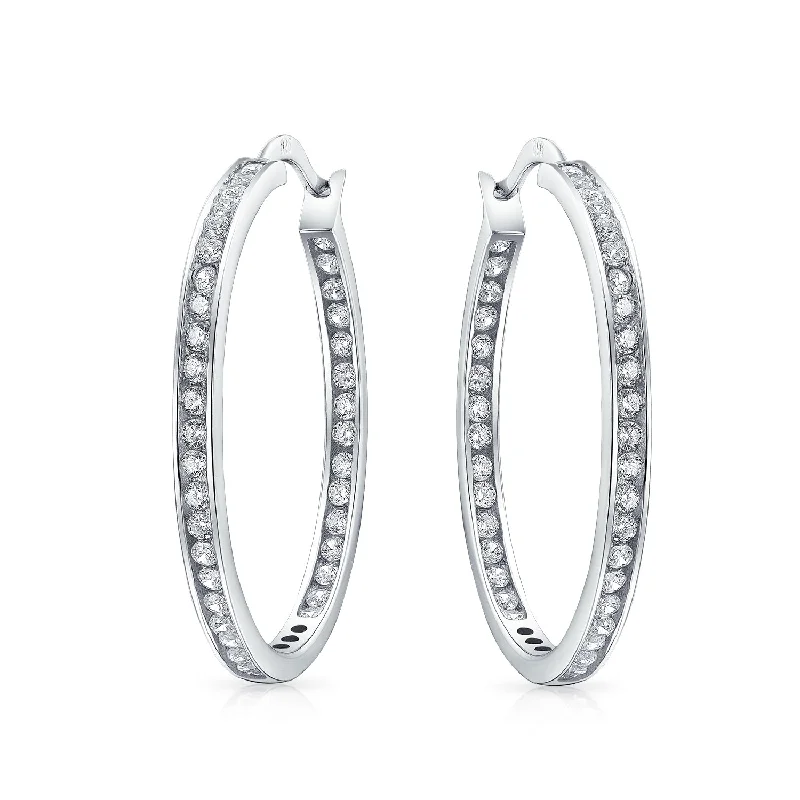 Best hoop earrings with baroque pearls for a luxurious and elegant vibe-CZ Hoop Earrings Round Solitaire Channel Set Sterling Silver Statement Hoops