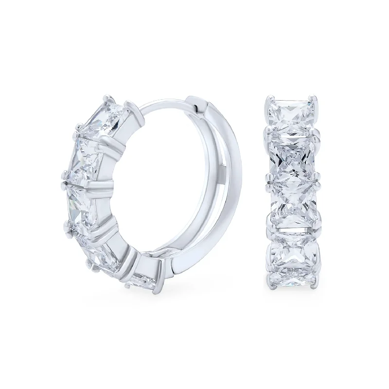 Best hoop earrings with floral designs for a feminine and delicate look-Square Princess Cut CZ Hoop Earrings for Men in Sterling Silver