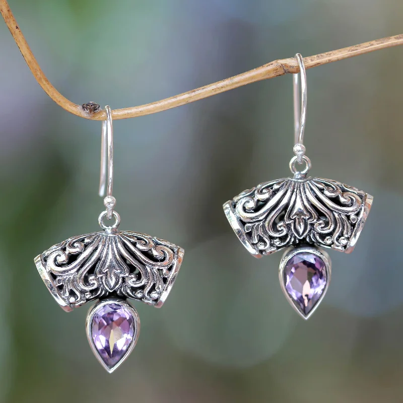 Best hoop earrings with sterling silver for an affordable and chic design-Dewdrop Fern Balinese Artisan Crafted Amethyst Earrings