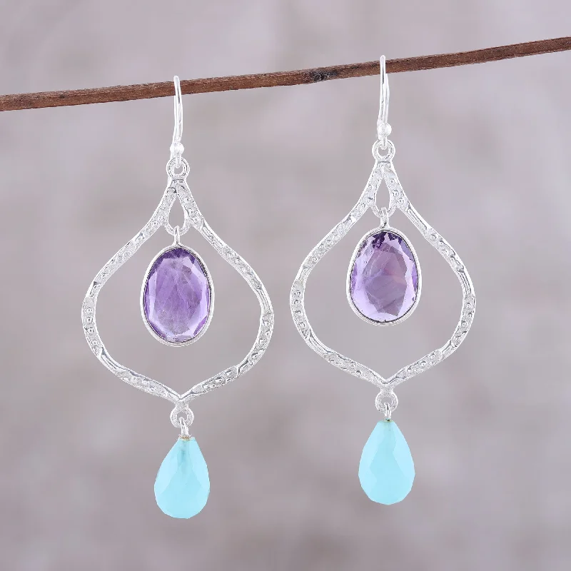 Hoop earrings with textured gold for a refined and sophisticated aesthetic-Divine Duo Amethyst and Chalcedony Dangle Earrings from India