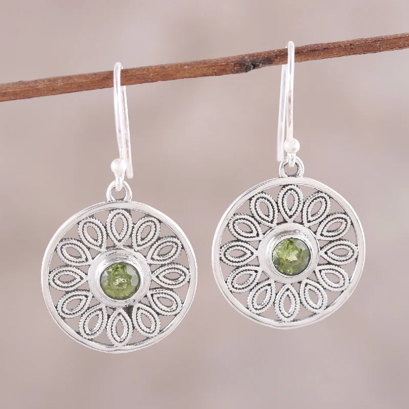 Hoop earrings with circle designs for a classic and timeless shape-Elegant Daisy Peridot and Sterling Silver Flower Circle Dangle Earrings