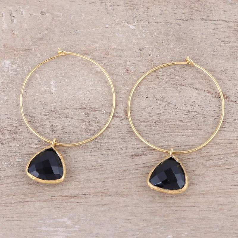 Hoop earrings with gold accents for a warm, elegant statement piece-Elegant Embrace 18k Gold Plated Onyx Hoop Dangle Earrings from India