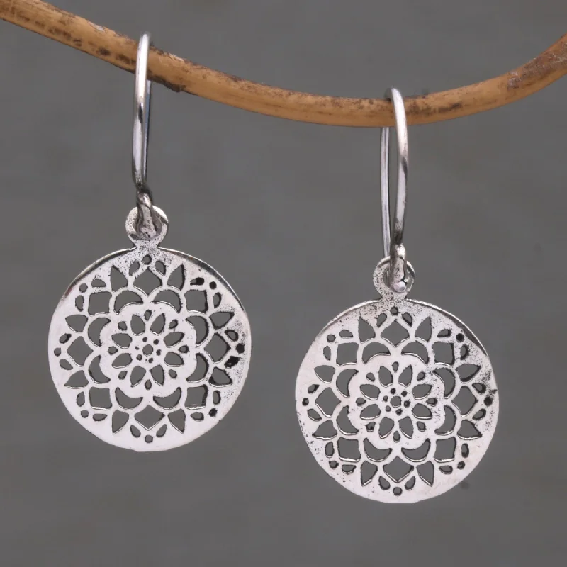 Hoop earrings with dangling charms for a playful and fun look-Enchanting Mandalas Round Sterling Silver Mandala Flower Earrings from Bali