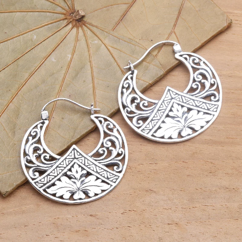 Hoop earrings with oversized designs for a bold, fashion-forward statement-Flame Flower Sterling Silver Floral Theme Hoop Earrings  from Bali