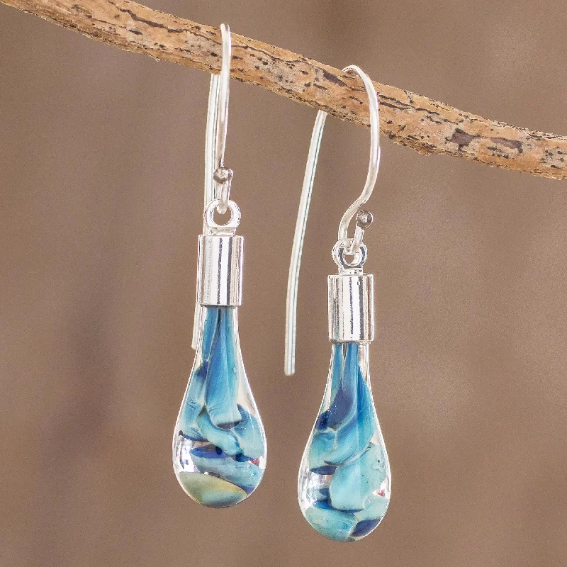 Hoop earrings with pearl accents for a chic and classic style-Flirty Waves Blue Art Glass Dangle Earrings from Costa Rica