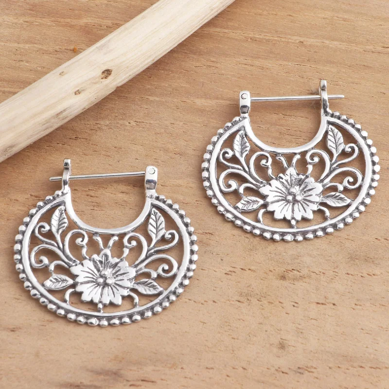 Best hoop earrings with geometric shapes for a modern and artistic appeal-Floral Curves Balinese Sterling Silver Hoop Earrings