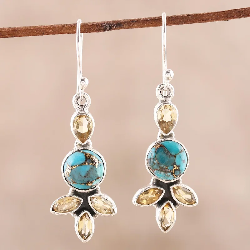 Best hoop earrings with geometric cuts for a sharp, modern appeal-Glimmering Glory Citrine and Composite Turquoise Dangle Earrings from India