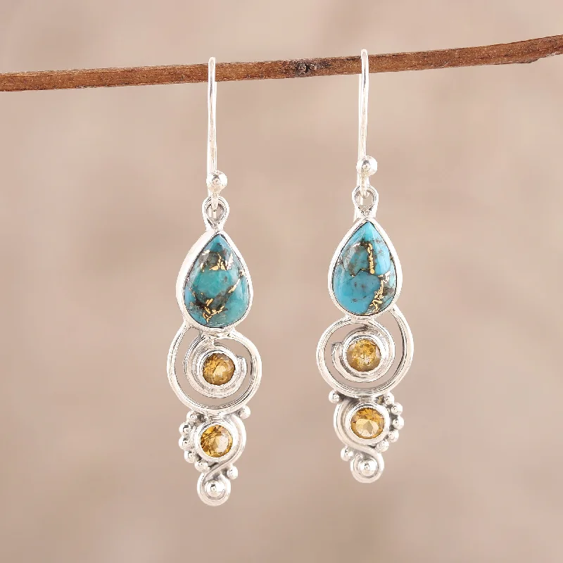 Best hoop earrings with asymmetrical designs for a fashion-forward, avant-garde look-Glistening Curl Citrine and Composite Turquoise Dangle Earrings from India