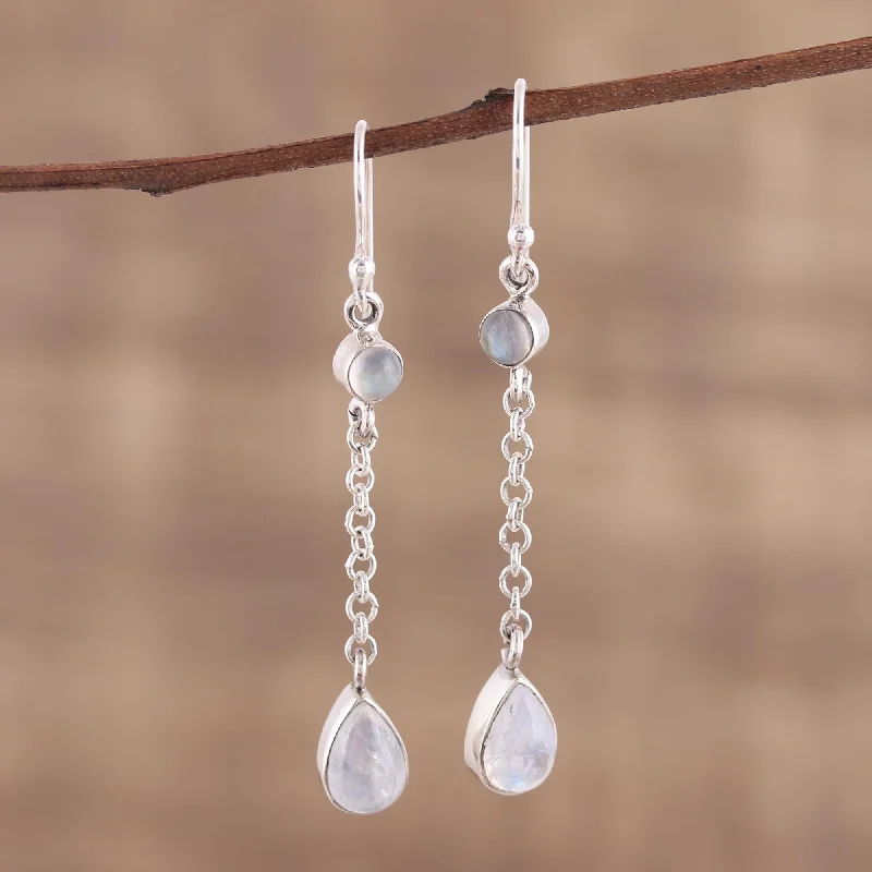 Hoop earrings with crescent moon shapes for a celestial and mystical appearance-Glistening Teardrops Teardrop Rainbow Moonstone Dangle Earrings from India