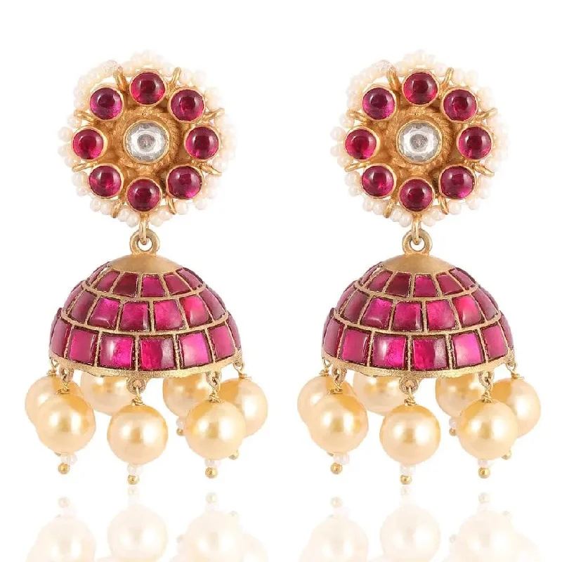 Hoop earrings with intricate designs for a unique and artistic appearance-Silver Gold Plated Red Jhumka