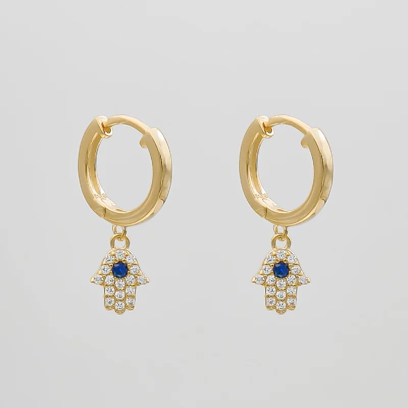 Classic hoop earrings with a thin profile for a sleek and subtle style-Hand of Hamsa Huggie Earrings