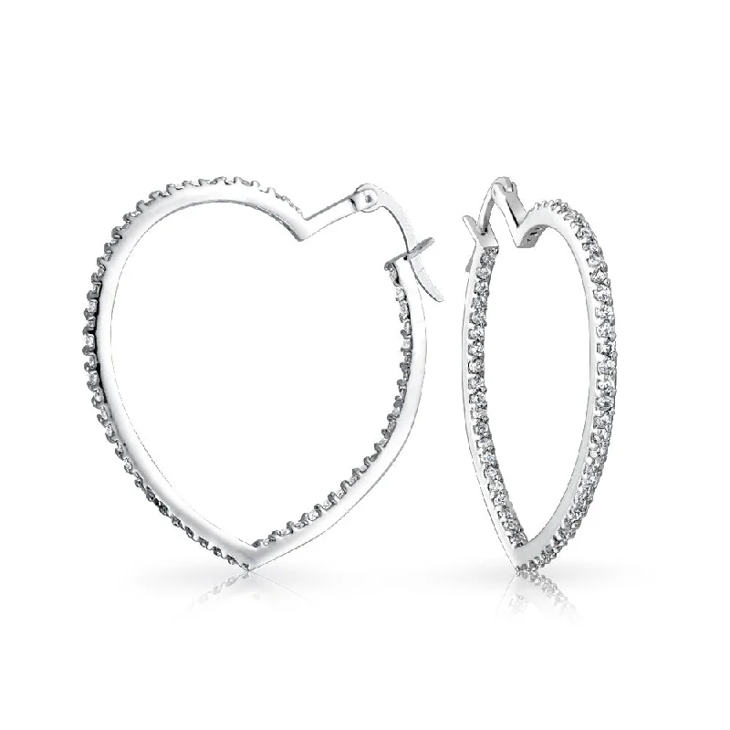 Best hoop earrings with custom engravings for a personalized and meaningful gift-Heart Shaped Inside Out CZ Hoop Earrings Silver Tone Brass 1.5 Inch Diameter