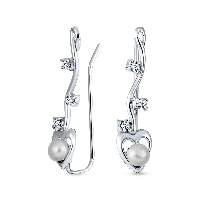 Best hoop earrings with lever-back closures for secure and easy wear-Heart White Freshwater Pearl Ear Cuff Cartilage Climbers in Sterling Silver