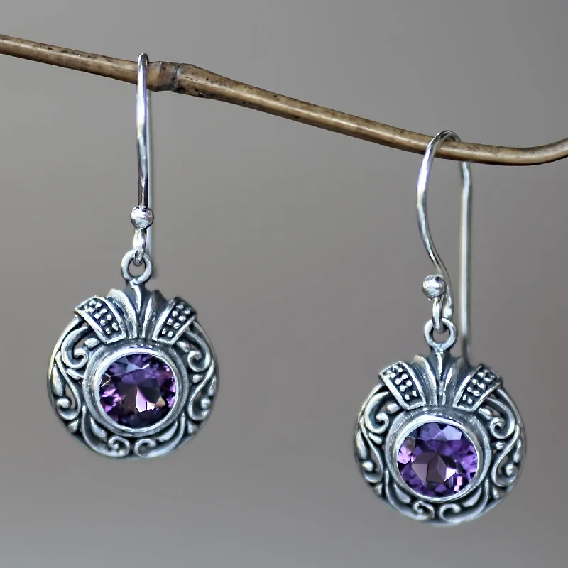 Best hoop earrings with smooth ceramic finishes for a polished, clean style-Lilac Ladybug Round Silver and Amethyst Dangle Style Earrings