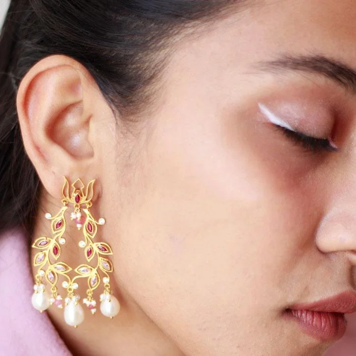 Hoop earrings with a chunky design for a bold and trendy statement-Lotus Gold Plated Pearl Earrings