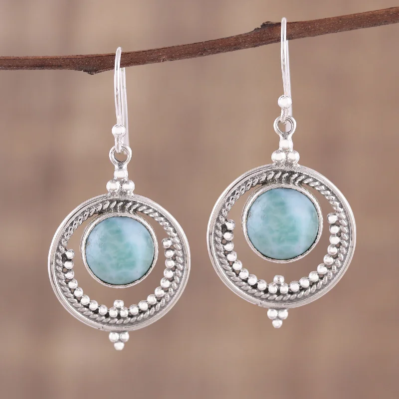 Hoop earrings with leather accents for a sleek and bold combination-Lunar Delight Larimar and Sterling Silver Dangle Earrings from India