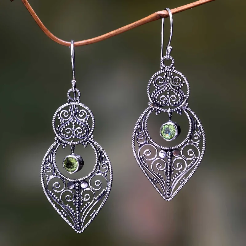 Hoop earrings with twisted leather for a chic and modern boho look-Majapahit Glory Artisan Crafted Peridot on Sterling Silver Hook Earrings