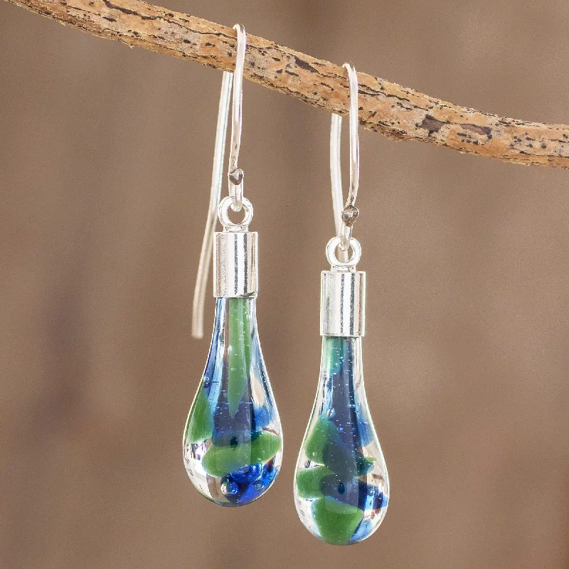 Best hoop earrings with tribal designs for a cultural and exotic aesthetic-Ocean Reflection Blue and Green Art Glass Dangle Earrings from Costa Rica