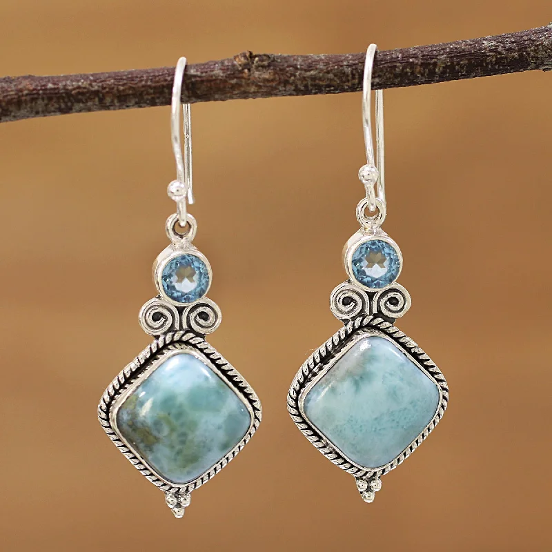 Best hoop earrings with gold for a luxurious and timeless look-Pastel Seas Blue Topaz and Larimar Sterling Silver Dangle Earrings