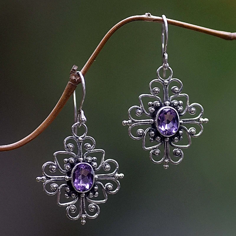 Best hoop earrings with geometric cuts for a sharp, modern appeal-Radiant Blossom Floral Sterling Silver and Amethyst Dangle Earrings