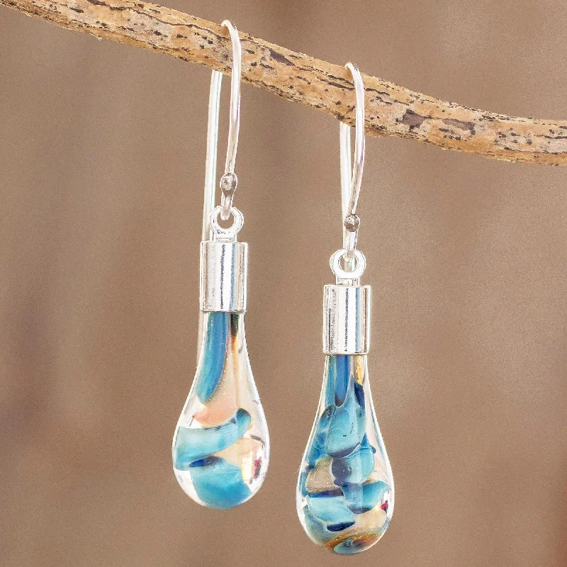 Small hoop earrings for a delicate and understated everyday wear-Rain of Color Blue and Pink Art Glass Dangle Earrings from Costa Rica